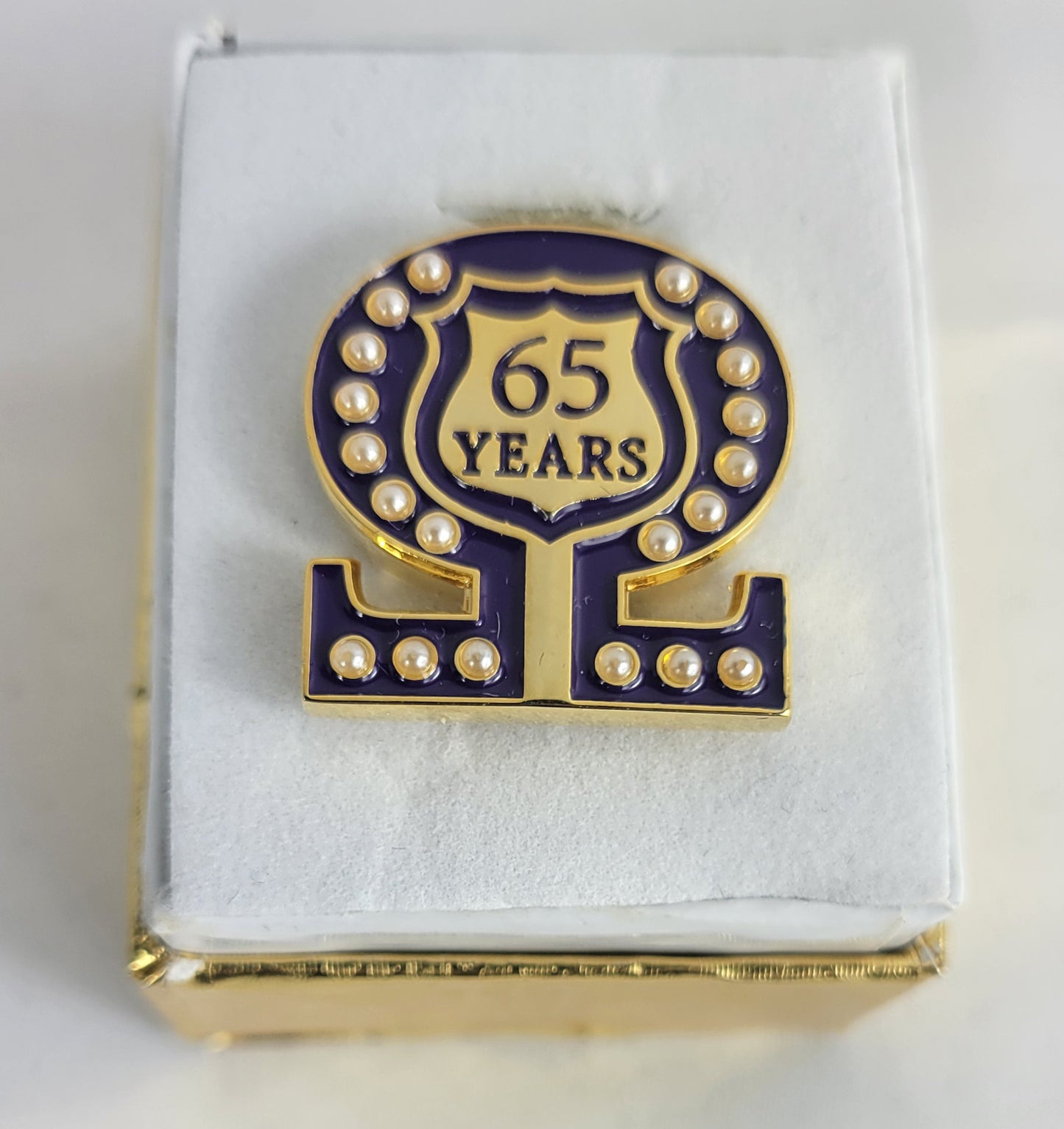 65 Year Omega Shield Baroque Gem Lapel Pin