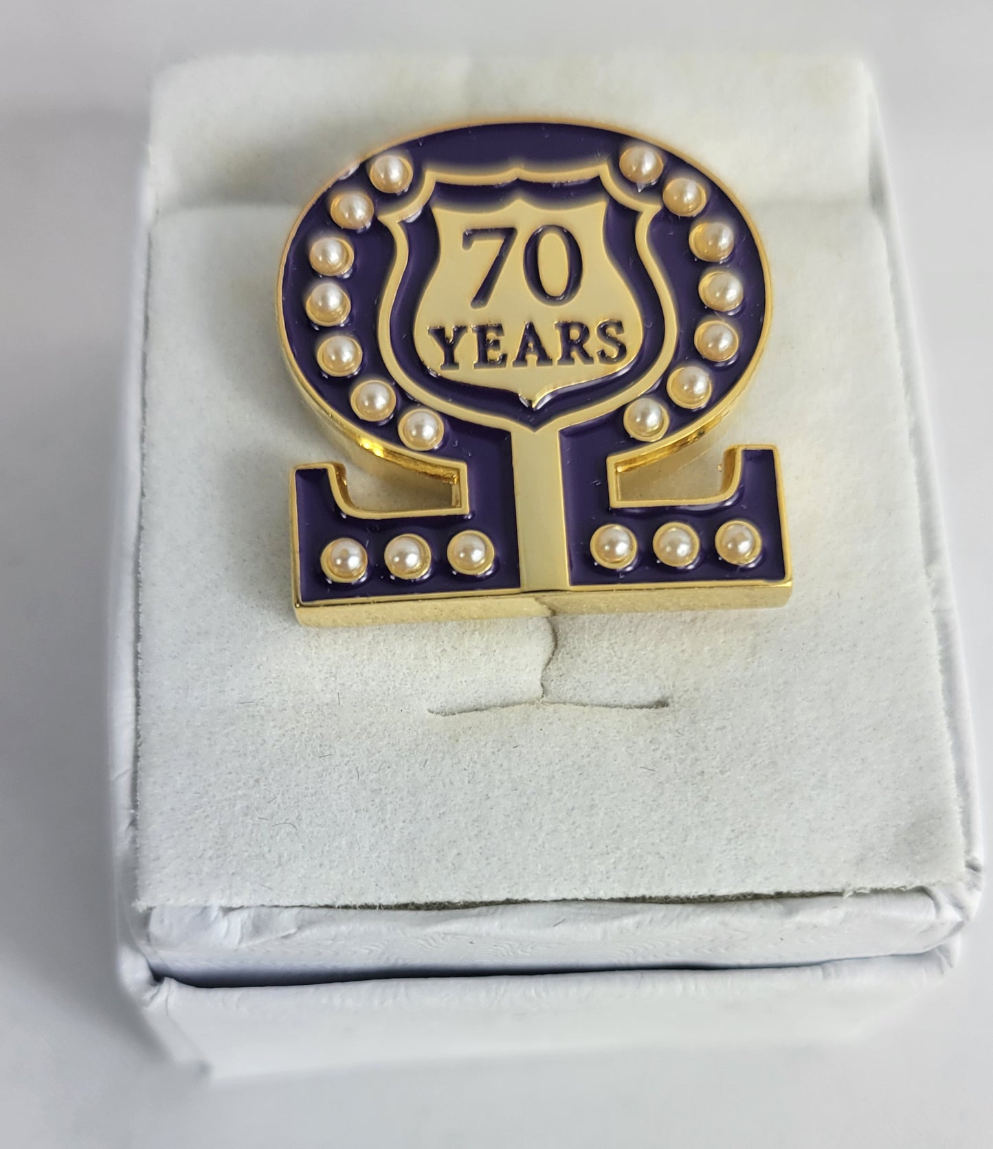 70 Year Omega Shield Baroque Gem Lapel Pin