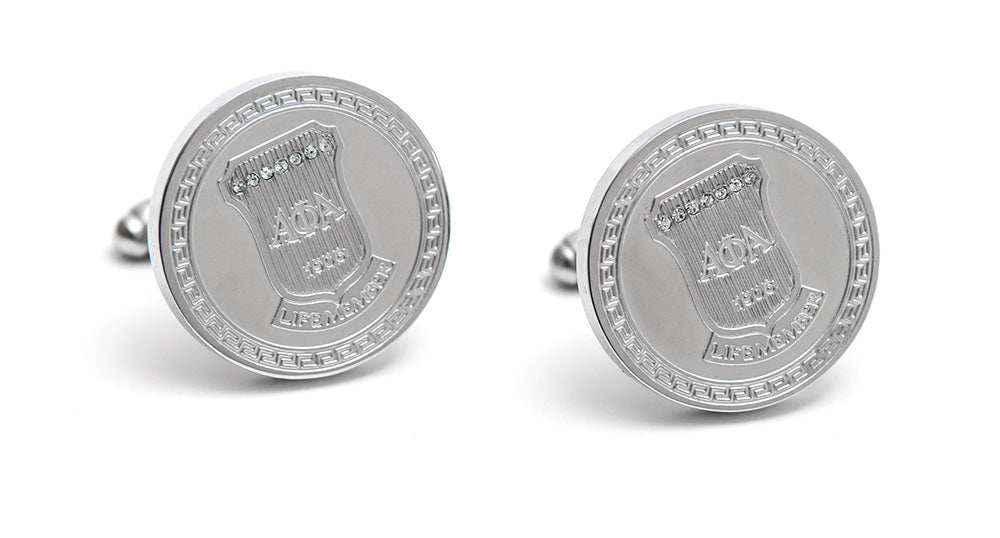 Alpha Life Member Round Silver Stone Cufflinks
