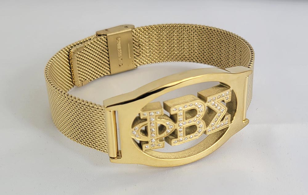 PBS 3 Letter Gold Crystal Mesh Band Bracelet