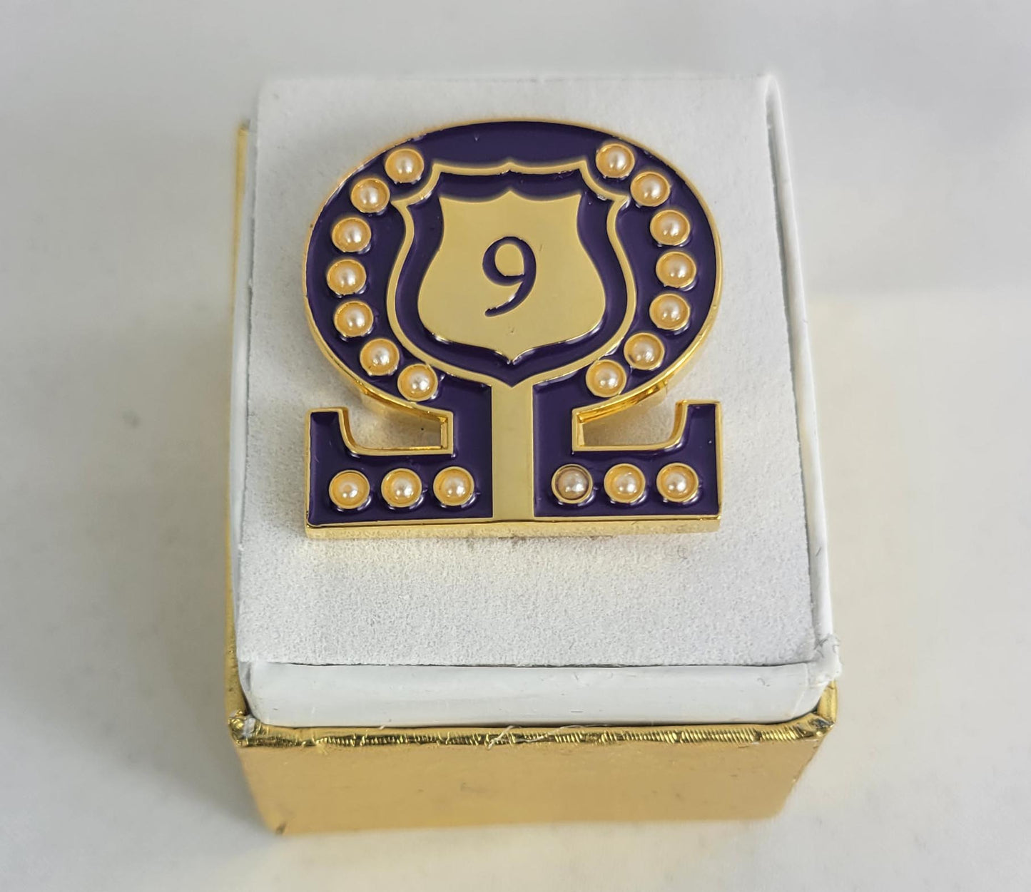 #9 Line Number Omega Shield Baroque Gem Lapel Pin