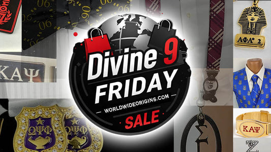 A promotional image for the Divine 9 Friday Sale at Worldwide Origins, featuring Greek paraphernalia and D9 Greek apparel with a bold sale logo.