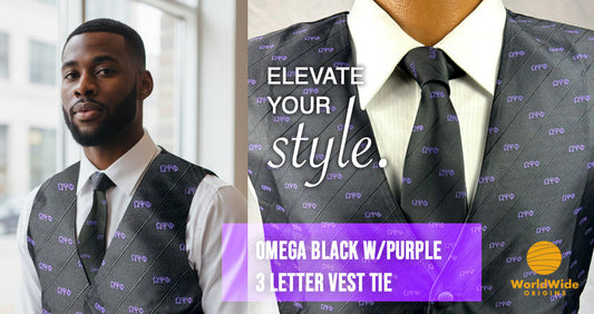 A man wearing the Omega Black w/Purple 3 Letter Vest Tie, showcasing the Greek letters ΩΨΦ in purple on a black vest.