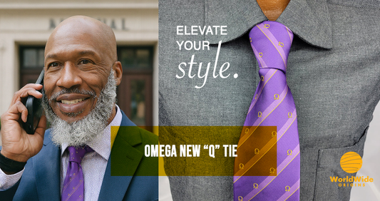 Banner showcasing a premium collection of royal purple and old gold Omega Psi Phi neckties.
