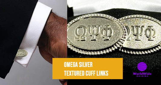 A close-up of Omega Silver Textured Cuff Links featuring the Greek letters ΩΨΦ, symbolizing Omega Psi Phi fraternity pride and elegance.