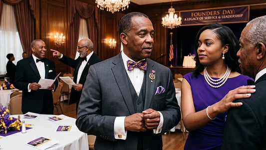  An elegantly dressed African American fraternity brother in a grey three-piece suit, purple bow tie, and lapel pin speaking with a sorority sister wearing a purple dress and layered pearl necklace at a formal Founders' Day banquet.