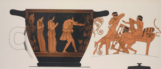 Ancient greek vase painting depicts mythological scene with figures.