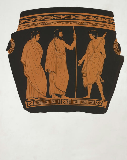 Three figures in ancient greek attire on pottery