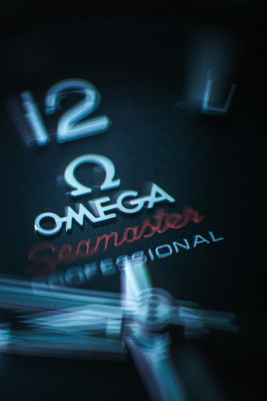 Close-up of an omega seamaster watch dial