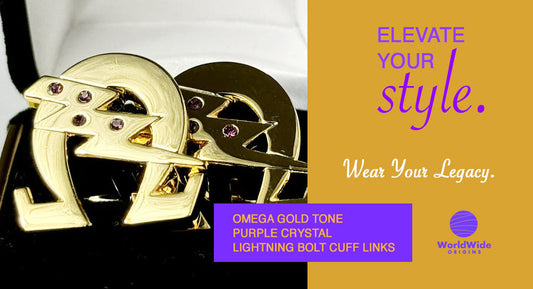 Discover the Symbolism and Style of Omega Gold Tone Purple Crystal Lightning Bolt Cuff Links in Black Greek Jewelry at Black Greek Store