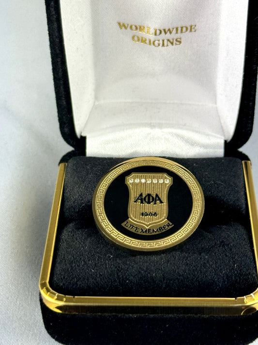 Alpha Life Member Round Black Stone Lapel Pin