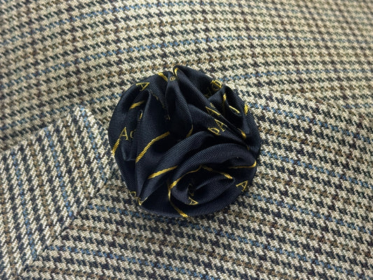 Alpha Black 3 Letter Gold wGold Stripe Lapel Flower