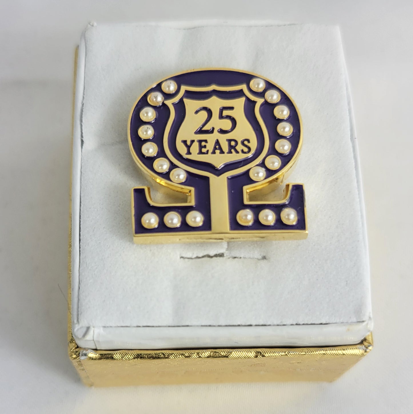 25 Year Omega Shield Baroque Gem Lapel Pin