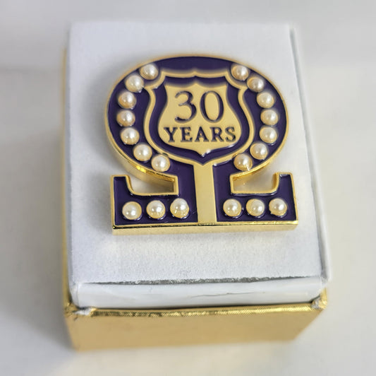 30 Year Omega Shield Baroque Gem Lapel Pin