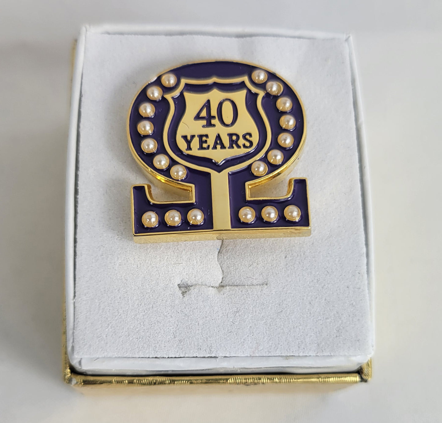 40 Year Omega Shield Baroque Gem Lapel Pin