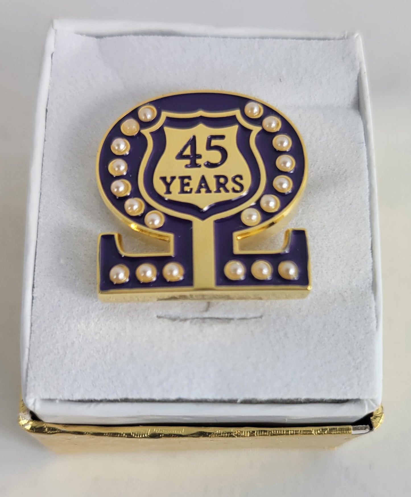 45 Year Omega Shield Baroque Gem Lapel Pin