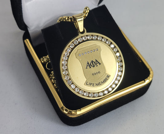 Alpha Life Member Round Gold Crystal Necklace