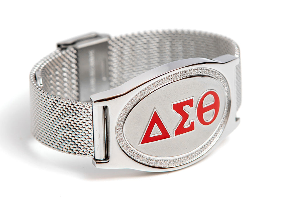 Delta 3 Letter Red Silver SS Crystal Mesh Band Bracelet