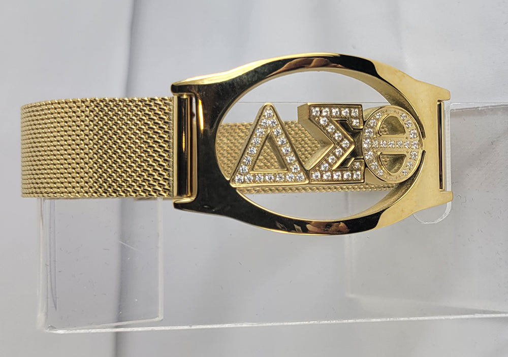 Delta 3 Letter Gold Crystal Mesh Band Bracelet