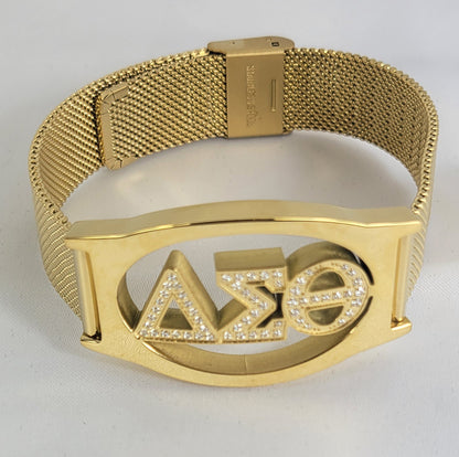 Delta 3 Letter Gold Crystal Mesh Band Bracelet