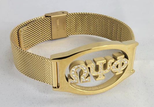 Omega 3 Letter Gold Crystal Mesh Band Bracelet