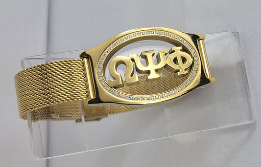 Omega 3 letter Gold Mesh Band Bracelet