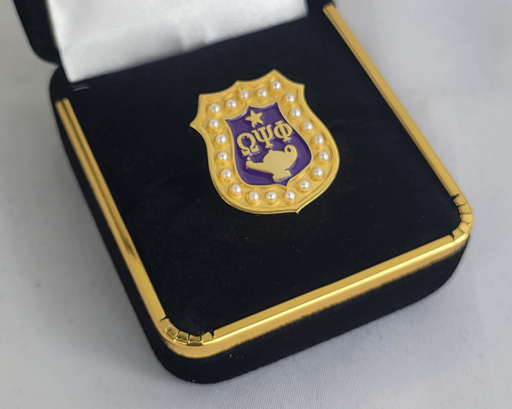 Omega Baroque Gem Gold Shield Lapel pin
