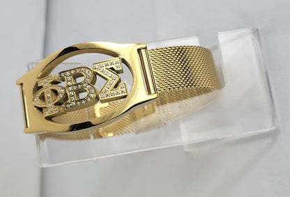 PBS 3 Letter Gold Crystal Mesh Band Bracelet
