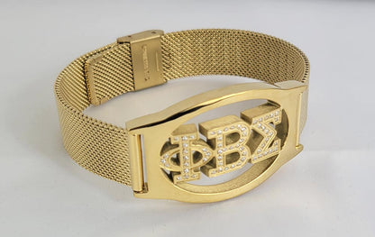 PBS 3 Letter Gold Crystal Mesh Band Bracelet