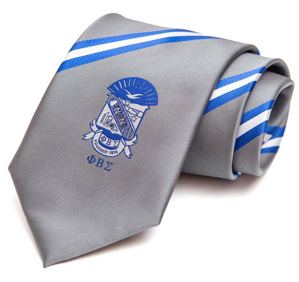 PBS Grey Blue White Stripe Crest Neck Tie