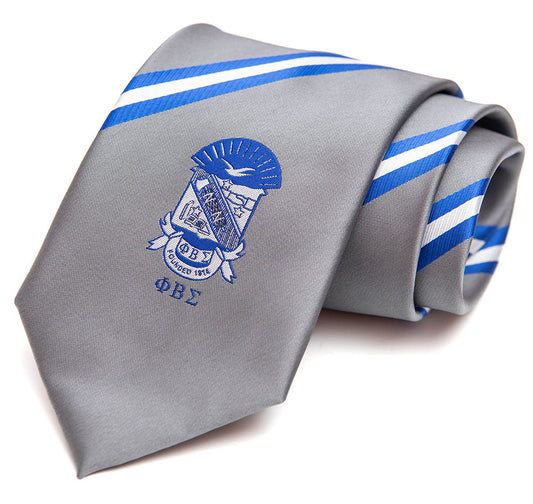 PBS Grey Blue White Stripe Crest Neck Tie