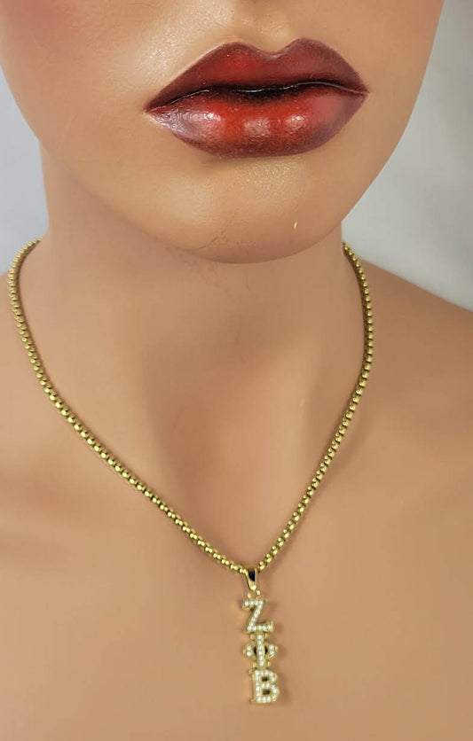 Zeta 3 Letter Gold Crystal Vertical Necklace