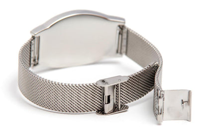 Omega Psi Phi Legacy Bracelet featuring Greek letters ΩΨΦ in royal purple enamel on a brushed silver plaque with a woven silver mesh band.
