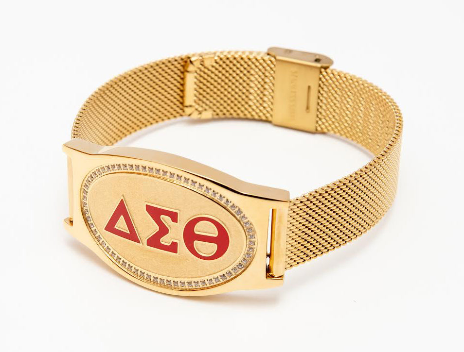 Delta 3 Letter Red Gold SS Crystal Mesh Band Bracelet