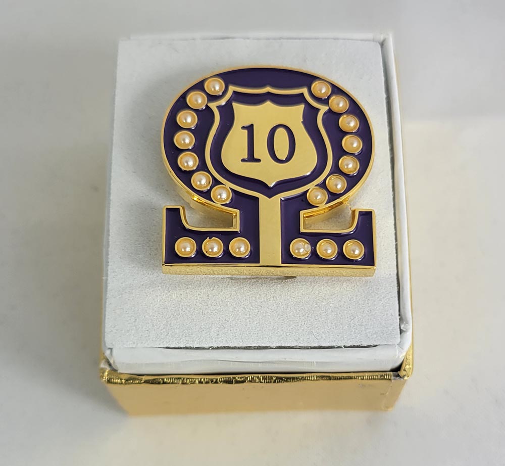 #10 Line Number Omega Shield Baroque Gem Lapel Pin