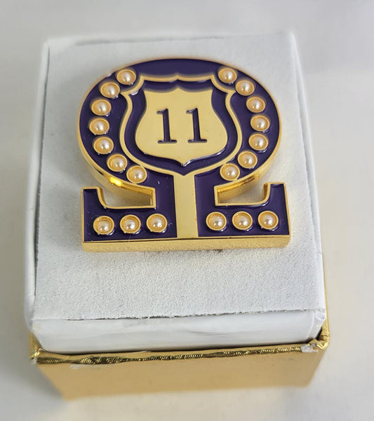 #11 Line Number Omega Shield Baroque Gem Lapel Pin