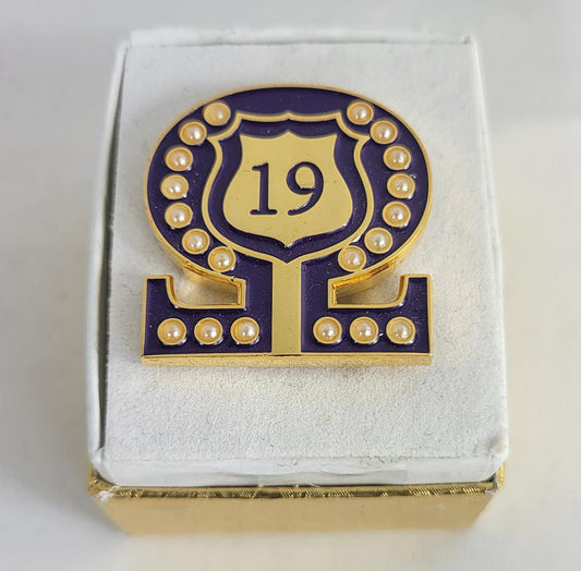 #19 Line Number Omega Shield Baroque Gem Lapel Pin
