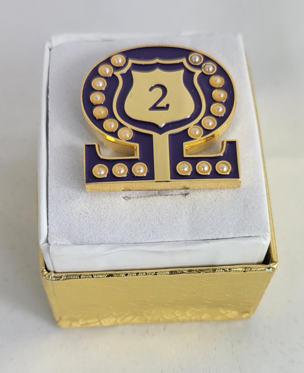 #2 Line Number Omega Shield Baroque Gem Lapel Pin