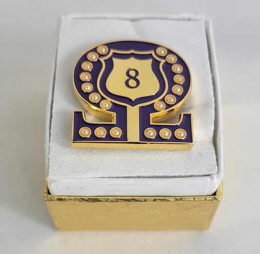 #8 Line Number Omega Shield Baroque Gem Lapel Pin