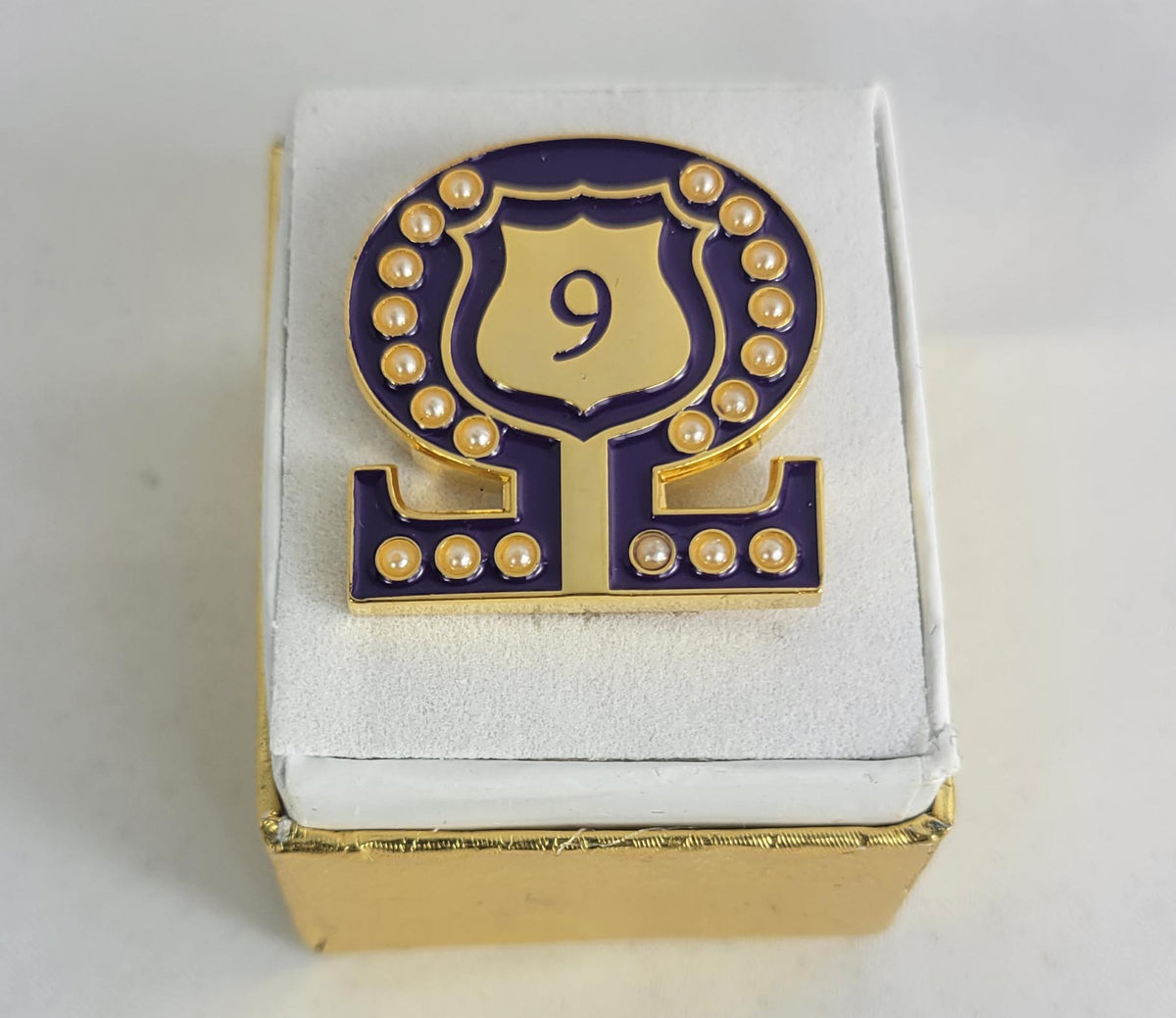 #9 Line Number Omega Shield Baroque Gem Lapel Pin